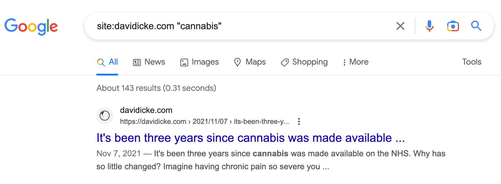 Using the "site:" operator and searching articles for the search term "cannabis"