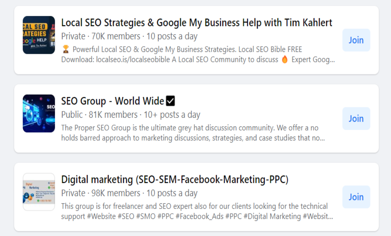 Facebook SEO discussion groups screen